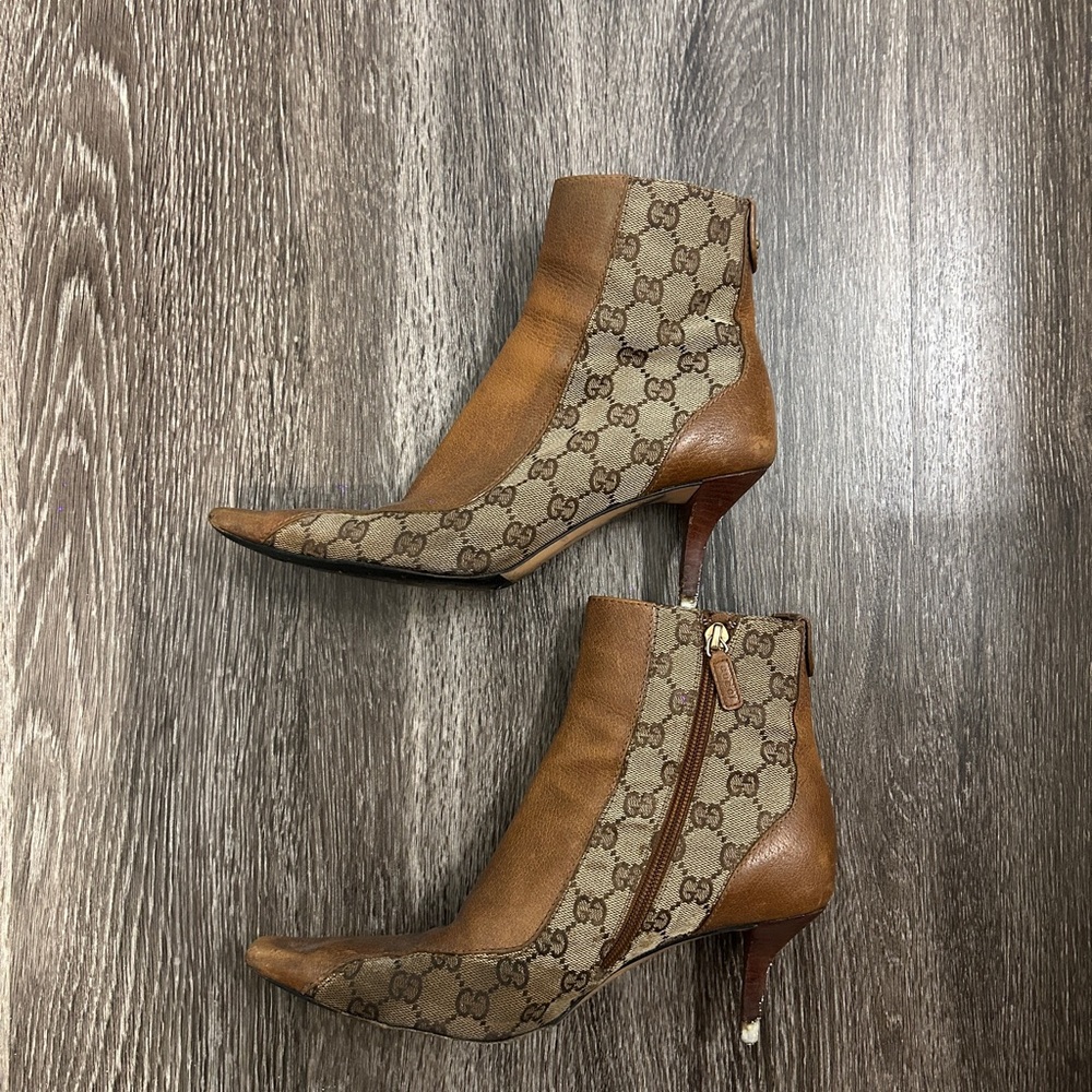 90s Vintage Gucci Monogram Brown and Tan Leather Ankle Boots